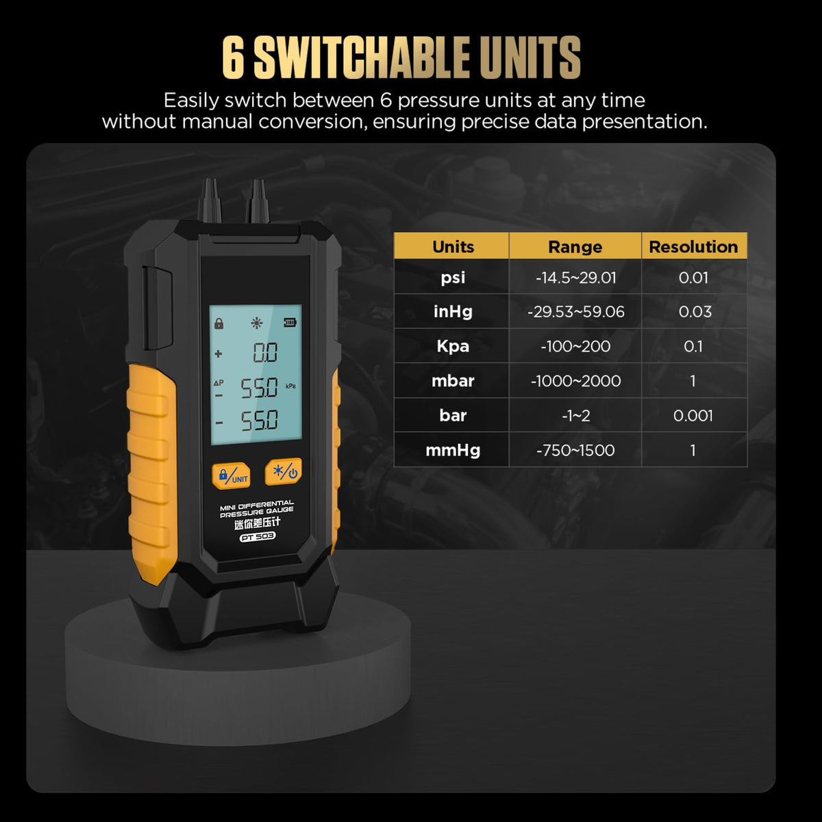 PT503 Mini Digital Manometer Dual Port Gas Pressure Tester