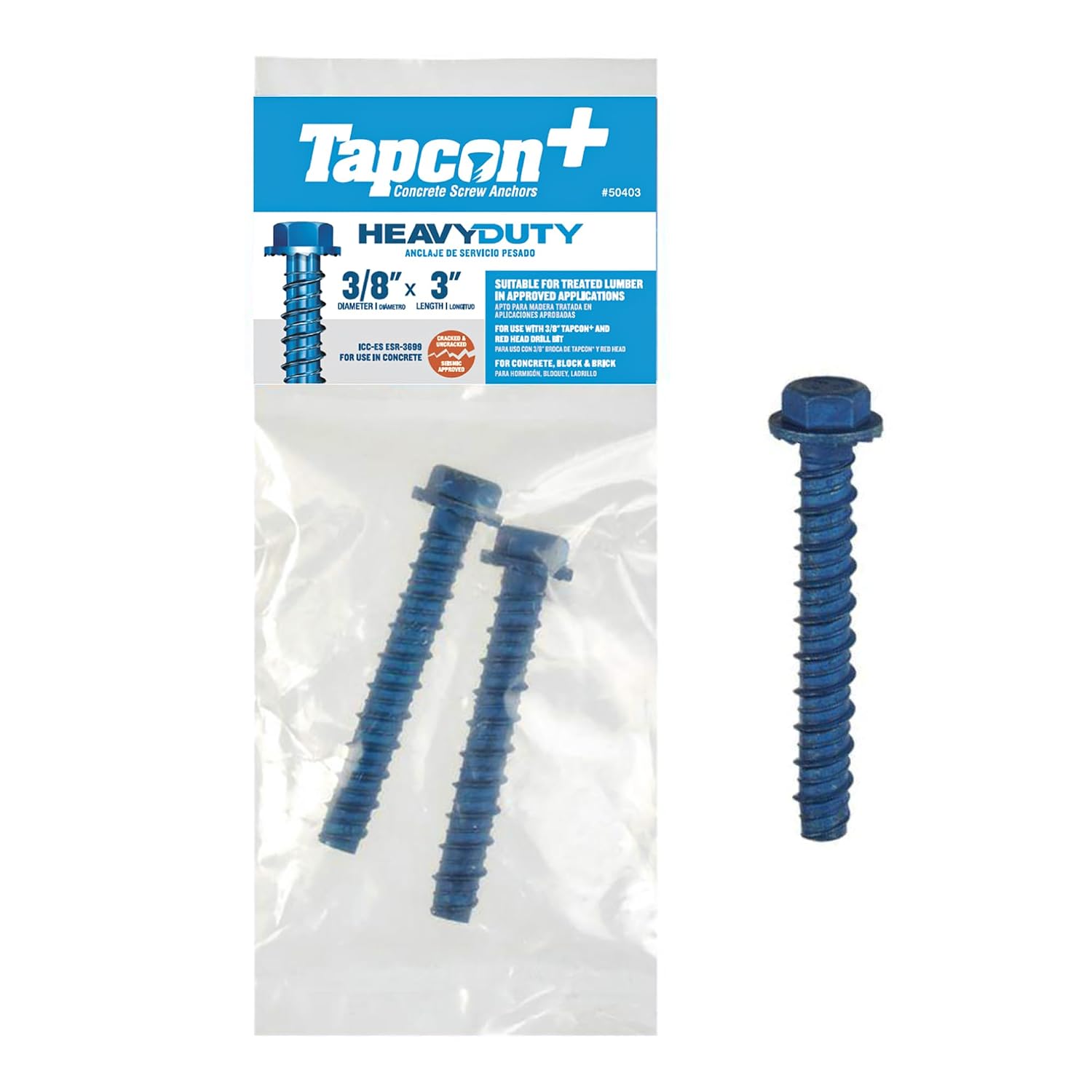 + 3/8 x 3 Inch Heavy-Duty Hex Head Concrete Anchors, 2 PCS, Corrosion Resistant Blue Climaseal Coating, Outdoor Rated