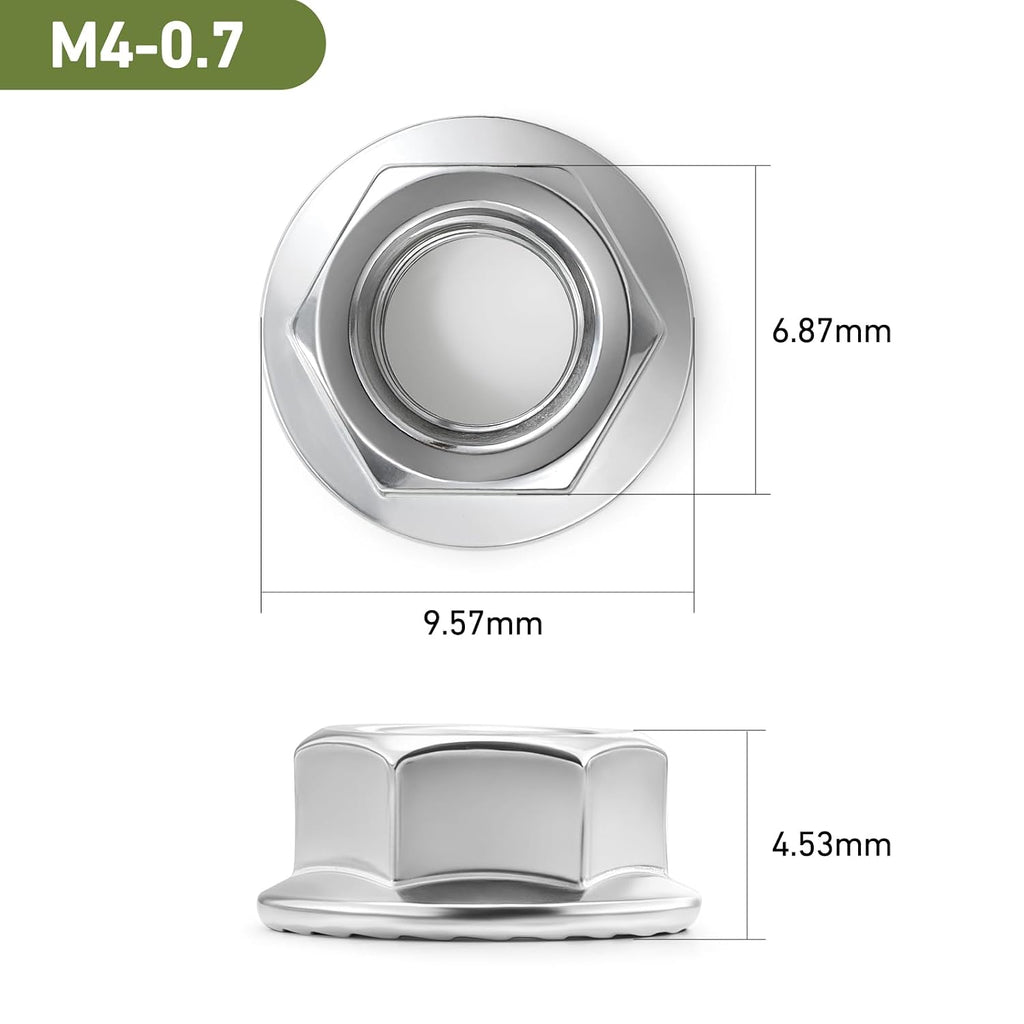M4 Flange Nuts 220Pcs, Metric M4-0.7mm Serrated Flange Hex Nuts 304 Stainless Steel 18-8, Bright Plain Finish