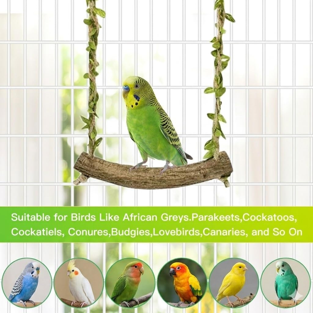 Natural Wood Bird Swing Perch with Decorative Leaves - 7.1" Durable Bird Stand Platform Toy for Cage, Hanging Budgie