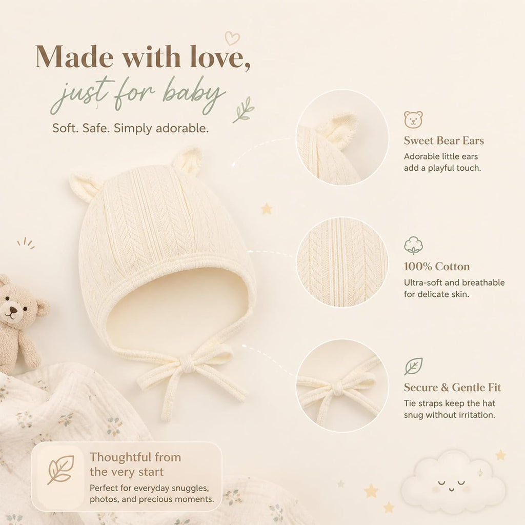 Newborn Hats Baby Beanie Hospital Hat with Ties Preemie 0-3 Months