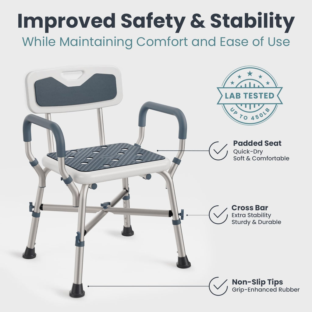 Shower Chair for Elderly and Disabled (450lb) with Padded Armrests and Back, Adjustable Height Shower Seat, Heavy