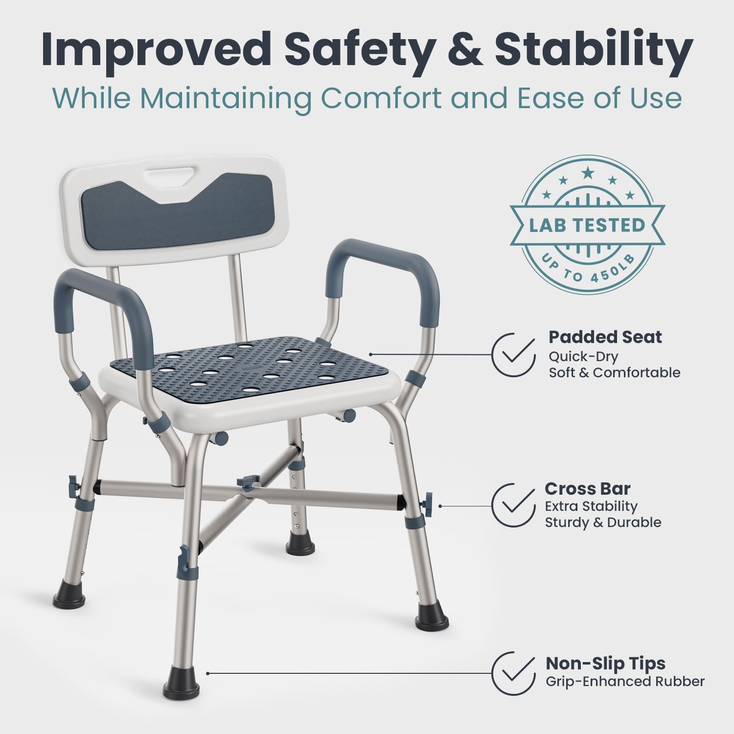 Shower Chair for Elderly and Disabled (450lb) with Padded Armrests and Back, Adjustable Height Shower Seat, Heavy