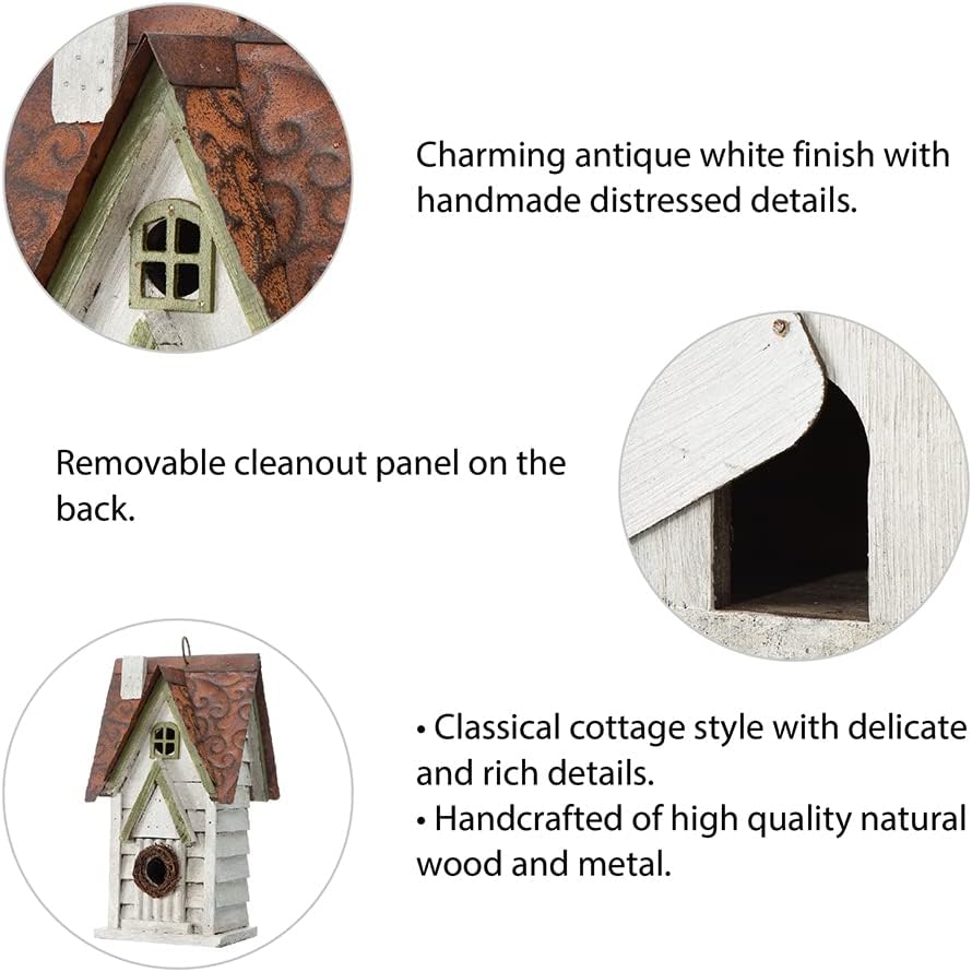 Bird Houses for Outside, 12" H Washed White Distressed Solid Wood Cottage Bird Nesting Box Hanging Bird House for