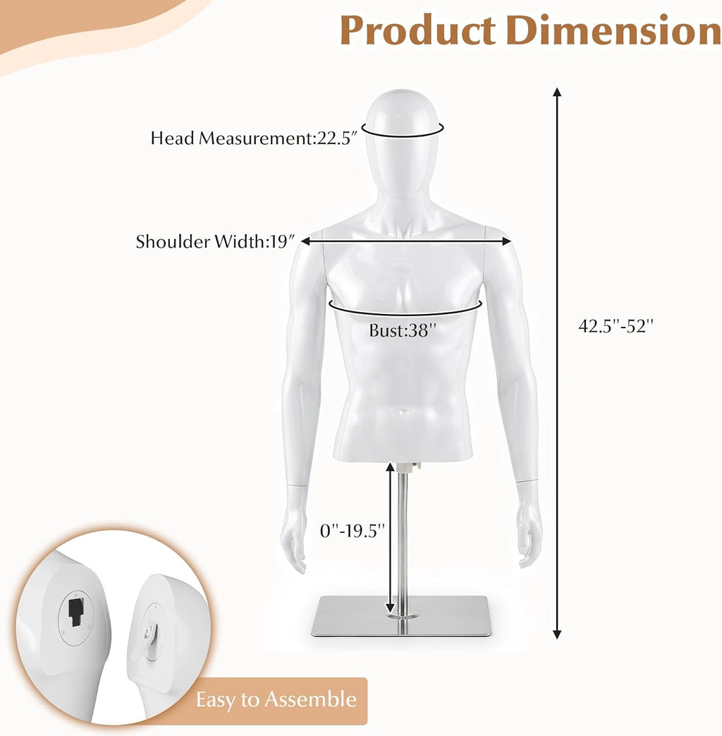 Half Body Male Mannequin Torso with Height Adjustable Metal Stand | Manikin Body with Rotating & Detachable Head