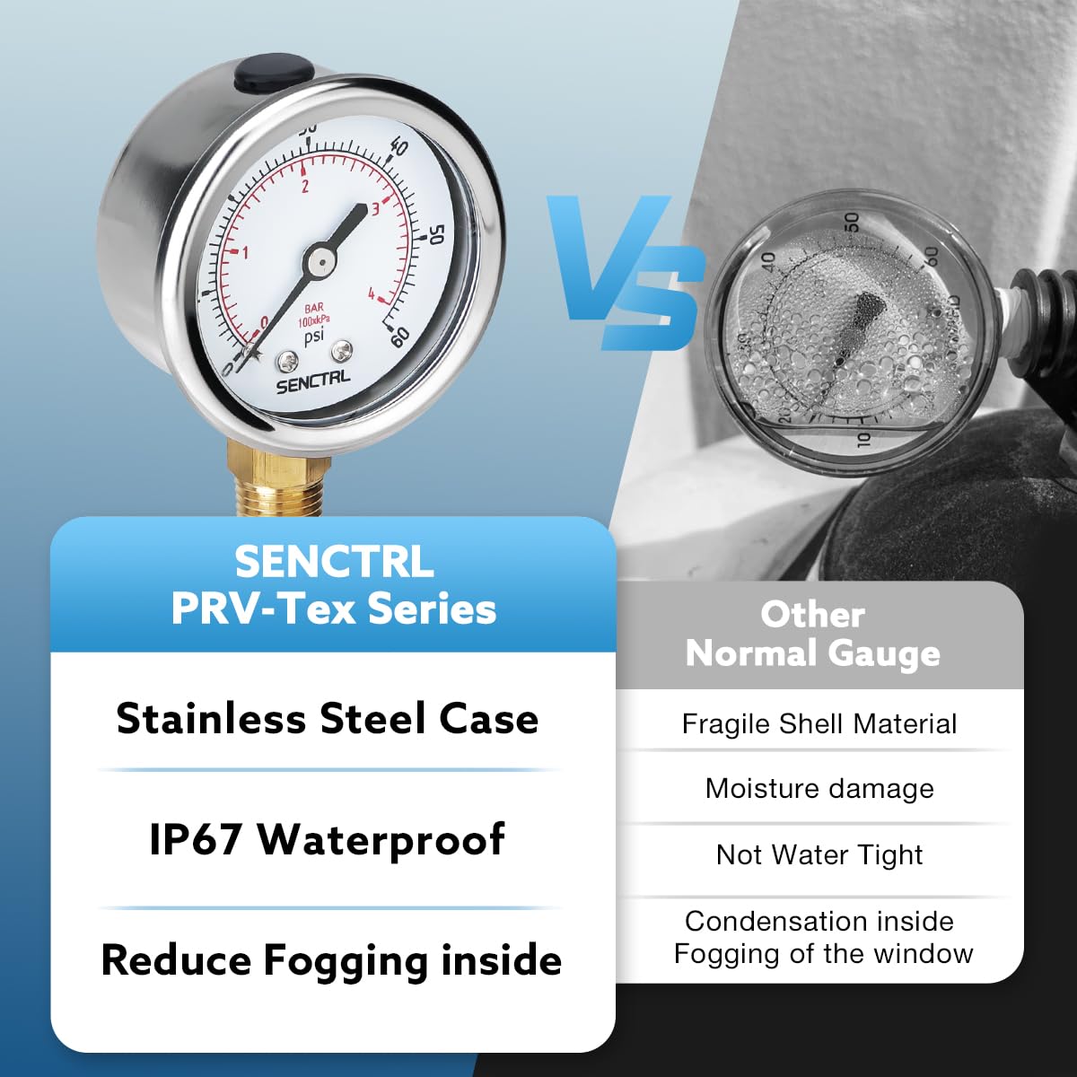 SENCTRL 0-60 Psi Low Pressure Gauge, 1/4 NPT Lower Mount