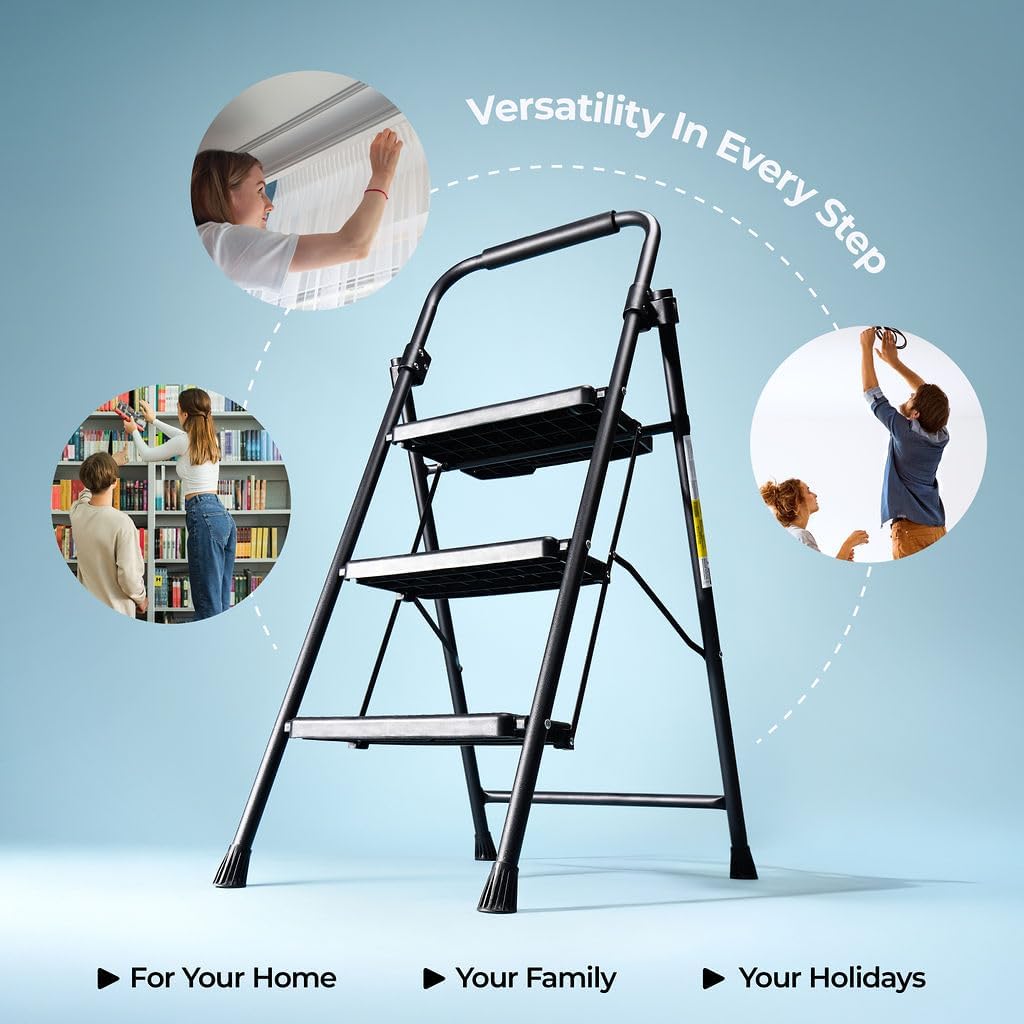 Step Ladder Folding Stool with Wide Anti-Slip Pedal, Lightweight Portable Steel for Home and Office 3 Step