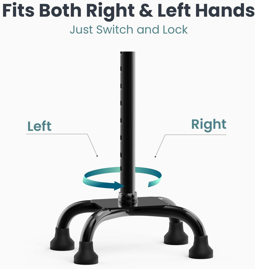 Quad Cane (300 lb) - Adjustable Walking Cane with A Large 4 Pronged Base for Extra Balance & Stability, Walking Canes