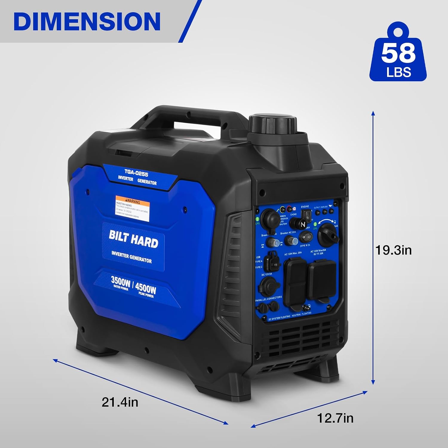 Dual Fuel Gas & Propane Powered Generator 4500W, Gas & Propane Powered Generator with CO Sensor, RV Ready, Parallel