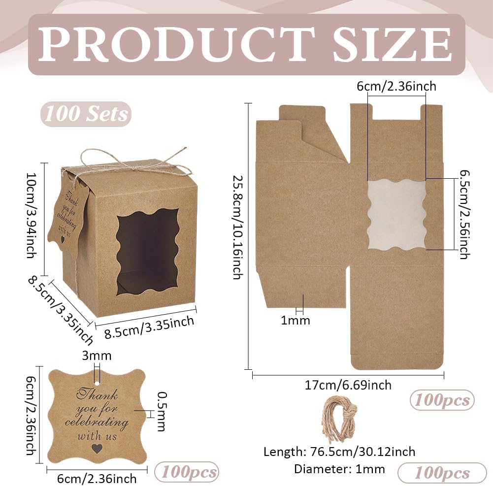 100 Set Brown Candle Gift Boxes 3.35x3.35x3.94inch Kraft Paper Gift Boxes Rectangle Packaging Box with Visible Window