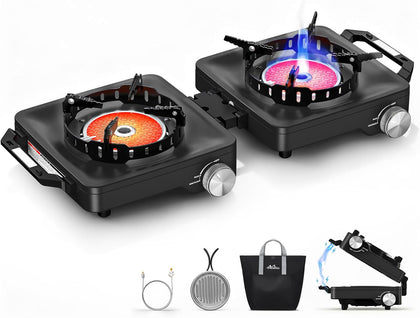 Propane Camping Stove 2 Burner, 36,000 BTU Infrared & Open Flame Hybrid, Windproof Folding Portable Outdoor Gas