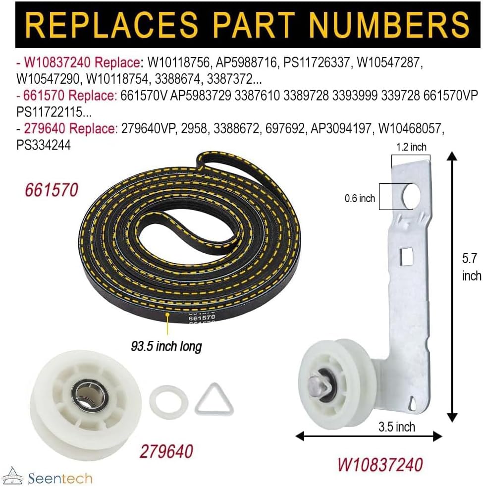 279640 & W10837240 & 661570 Dryer Idler Pulley Kit and Dryer Drum Belt – Compatible with Whirlpool May-tag Kenmore