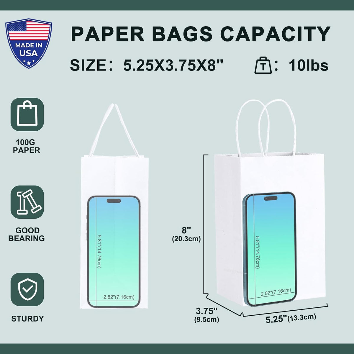 White Gift Bags 5.25x3.75x8 Inch Paper Bags Handle Bulk 200Pcs