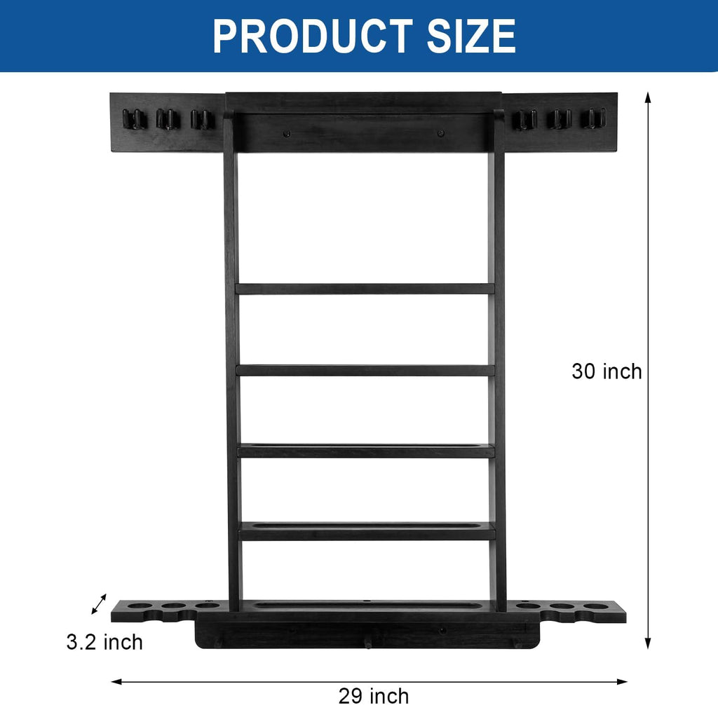 Large Pool Stick Holder Wall Mount, Billiards Pool Cue Rack Ping Pong Paddle Holder, Dart Holder 3-IN-1, Wood Pool