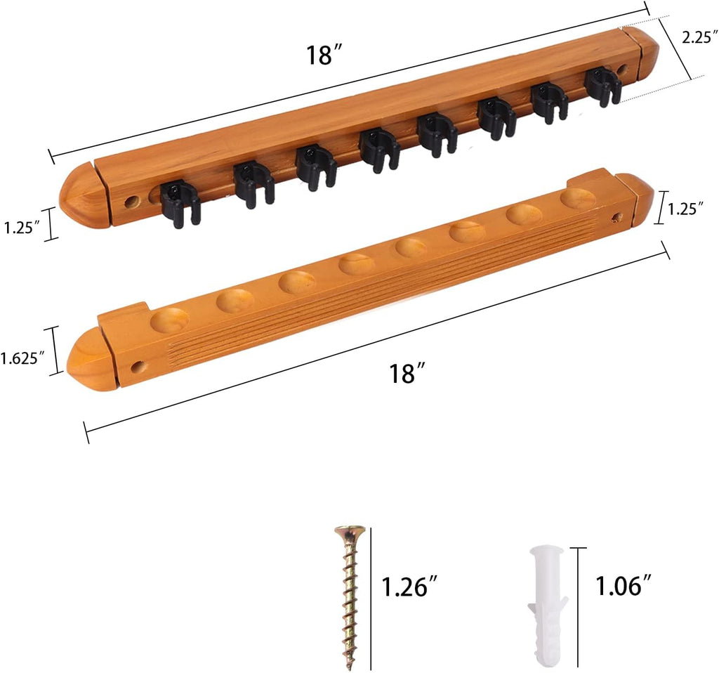 GSE 2-Piece Wooden Wall Mounted Billiard Pool Cue Rack Holds 6/8/12 Cues | Several Colors Available, Pool Stick