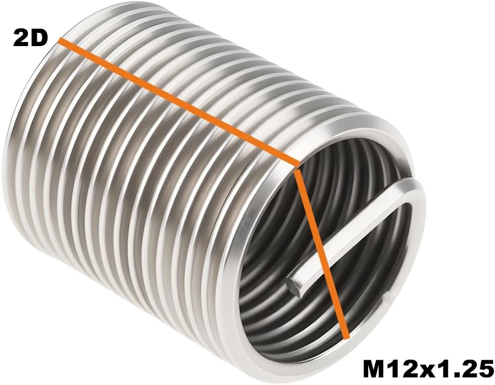 10x 304 Stainless Steel Fine Thread Insert M12x1.25x2D Compatible with Helicoil Manual Automatic Tool Repair Insert