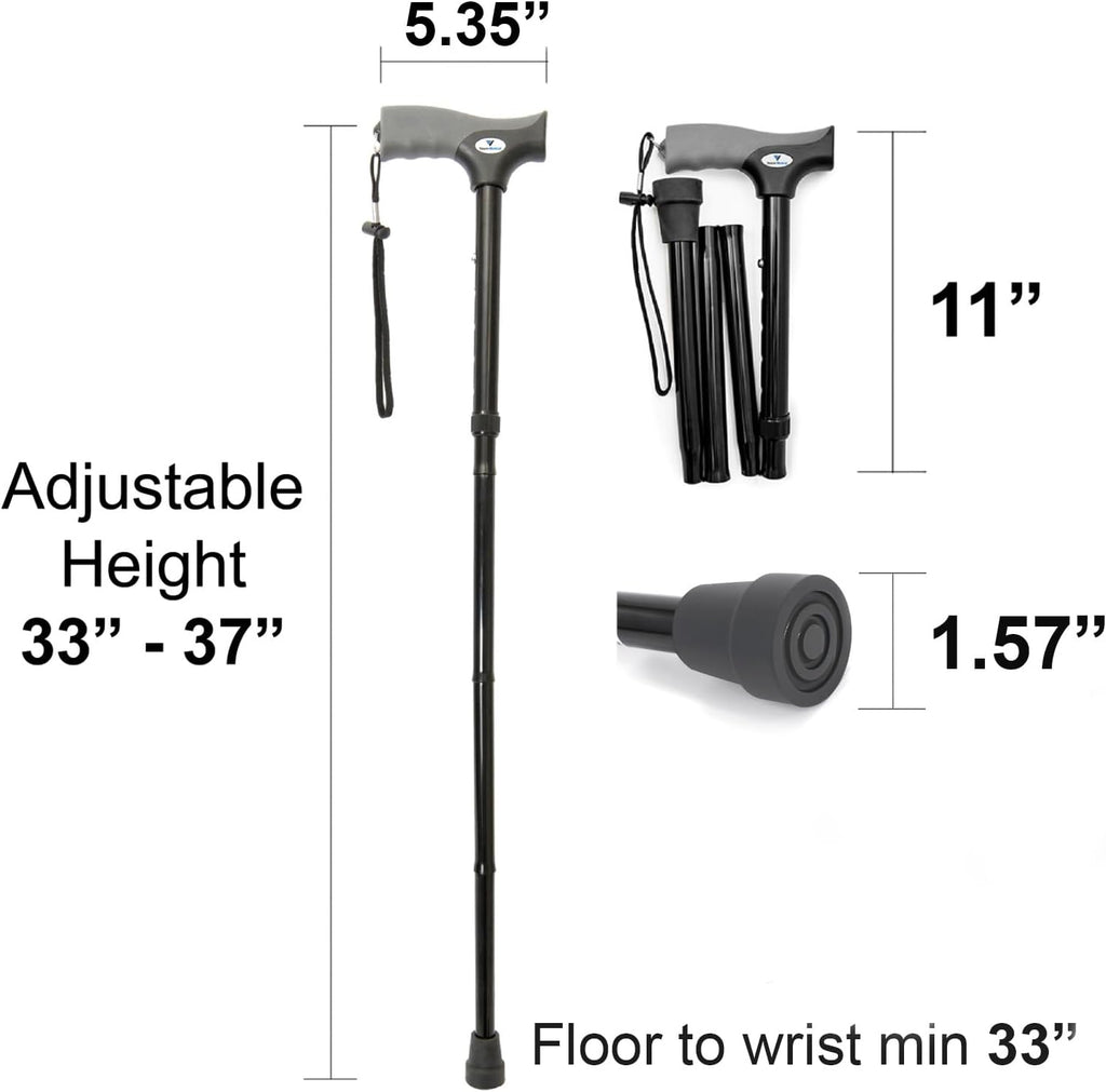 FSA/HSA Eligible, Vaunn Medical Easy Grip Height Adjustable Folding Cane/Walking Stick with Strap/Pouch- Compact