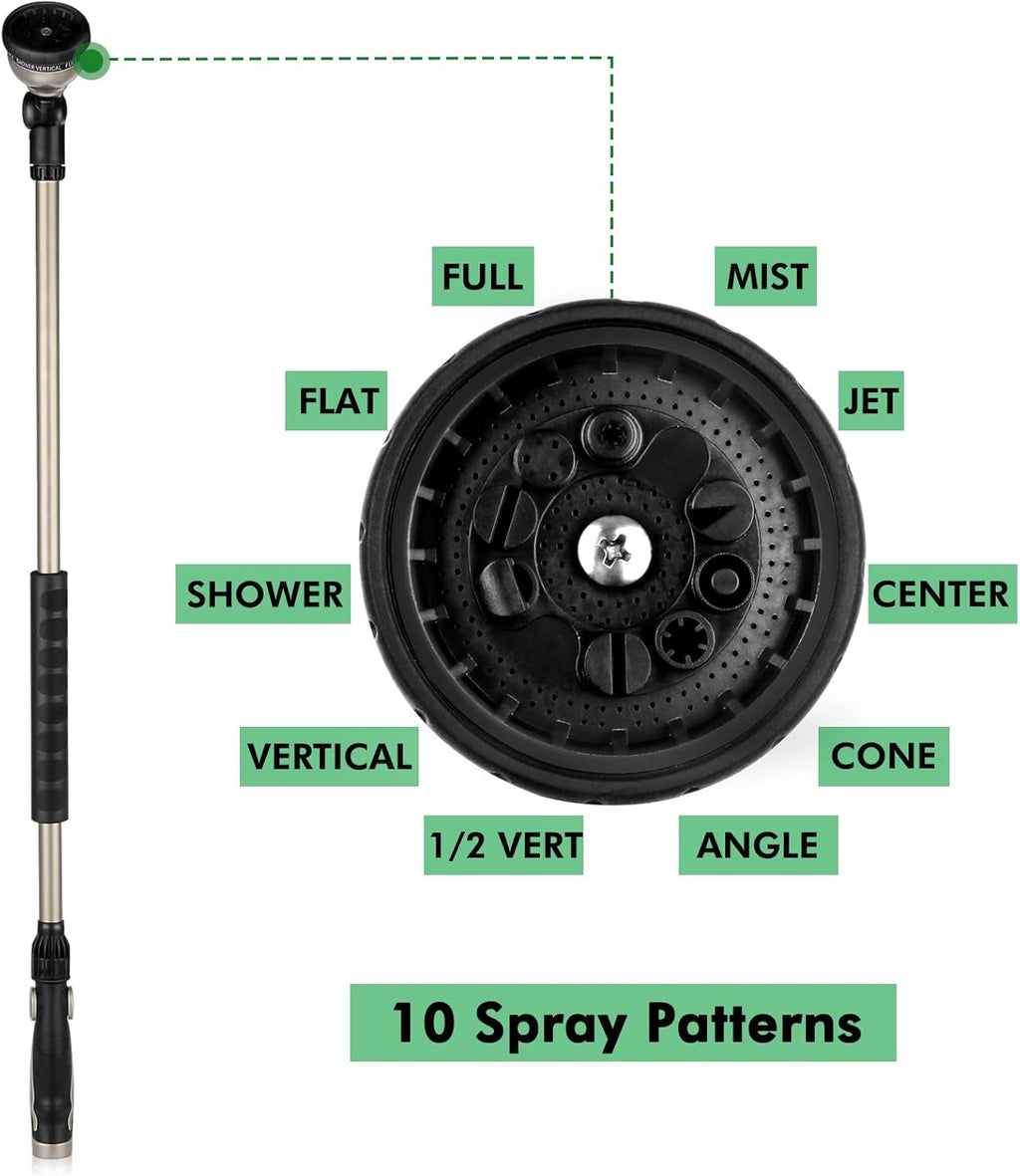 36” Long Watering Wand, Metal Garden Hose Wand with 180° Swivel Head and 10 Spray Patterns, 3ft Heavy Duty Hose