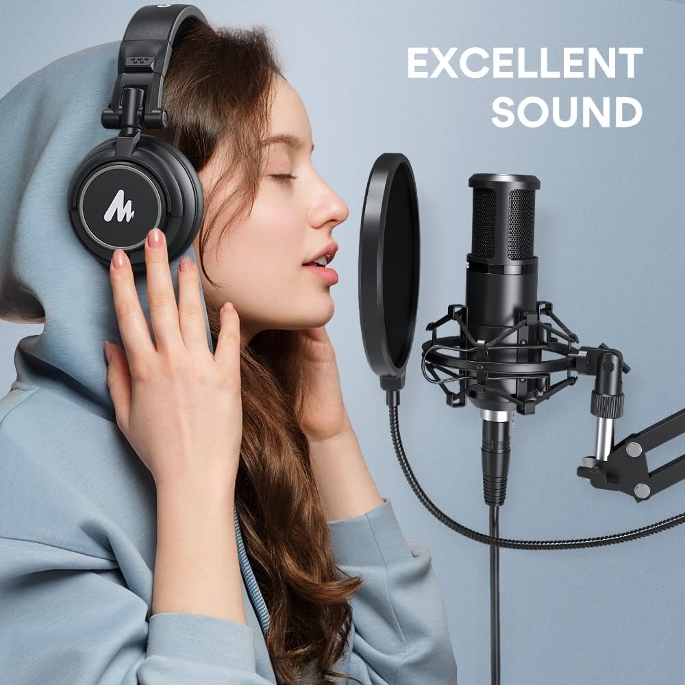PM320S Condenser PC Microphone with XLR Cable, Boom Arm, Pop Filter | Computer Mic Compatible with Audio Interface &