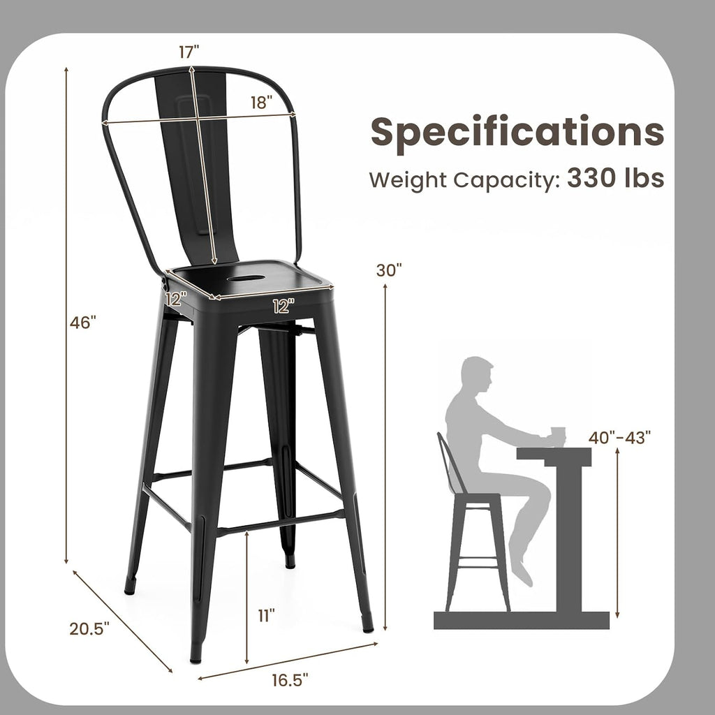 30 Inch Stackable Metal Bar Stools Set of 4 with High Backs, Black