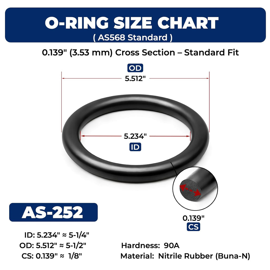 AS-252 Nitrile (Buna-N) O-Rings, 90A Durometer, 5.234" ID x 0.139" CS (5-1/4" ID x 1/8" CS), -40°F to +248°F, for Large housings, Pump Covers & Heavy-Duty Hydraulic Systems, 5 Pack