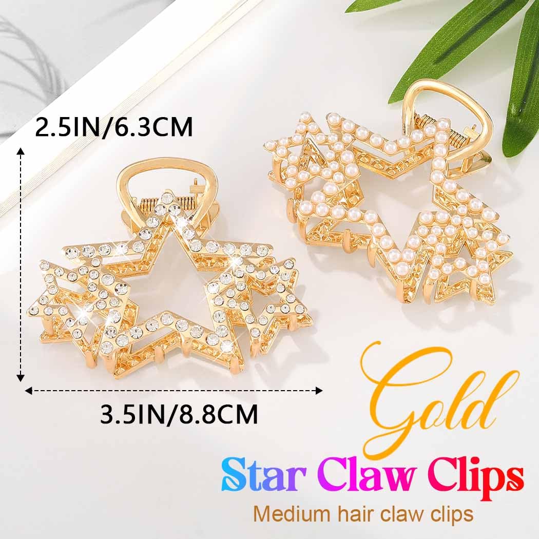 Gold Star Claw Clips Rhinestone Hair Clips Hair Accessories Women | Pearl Claw Clips Medium Metal Hair Clips Sparkly