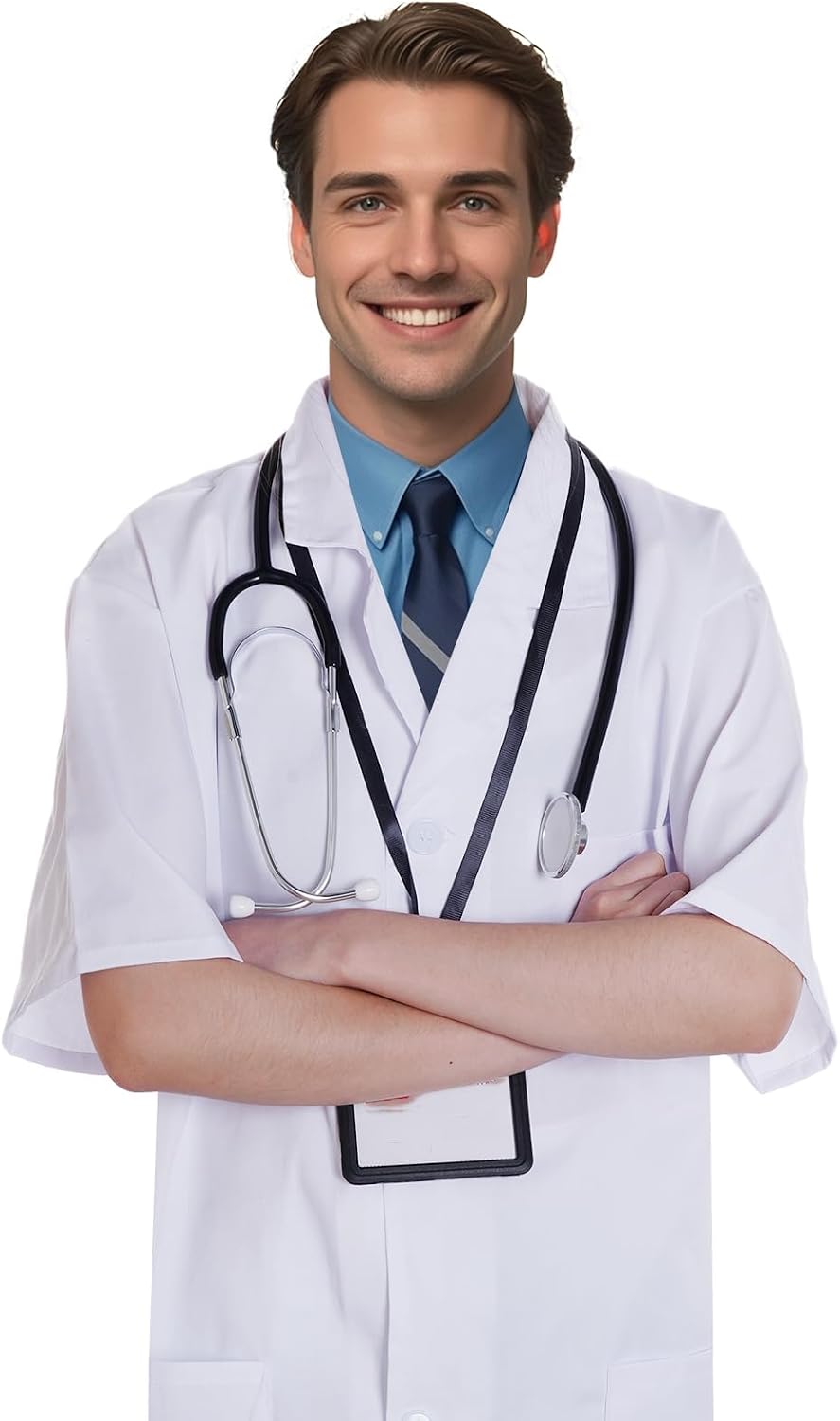 Scientist Doctor Costume Women Men Halloween White Short Sleeve Lab Coats with Stethoscope ID Card for Student Adult