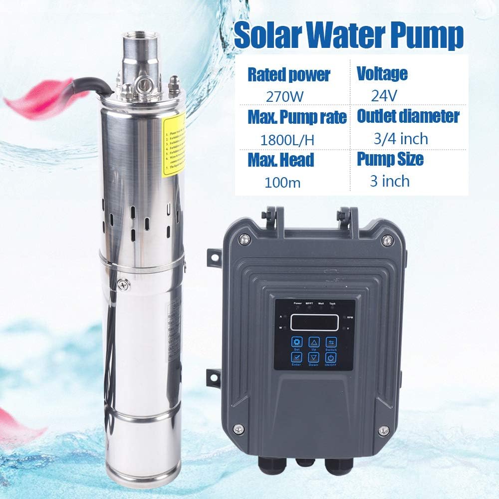 Deep Well Submersible Pump, DC 24V Solar Pump 3" Solar Submersible Pump High Pressure Solar Water Pump MPPT