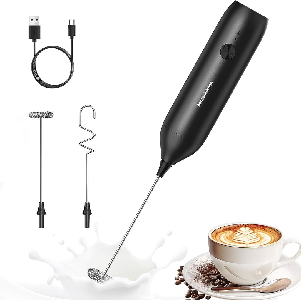 Rechargeable Milk Frother Handheld, Charging USB-C | Electric Foam Maker with Stainless Steel Whisk, Portable Hand