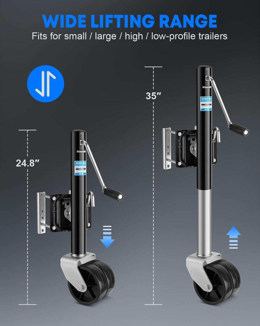 2000 lbs Trailer Jack with Dual Wheel, Heavy Duty, 90° Swivel