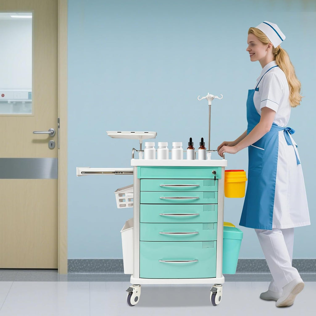 Medical Rolling Crash Cart with Accessories-CPR Board, 2 Trash Bin, Drawers with Dividers, Mobile Medical Cart for