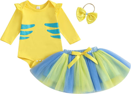 Newborn Baby Girl Halloween Outfit Flounder Costume Long Sleeve Romper with Tutu Skirt Infant Halloween Costumes