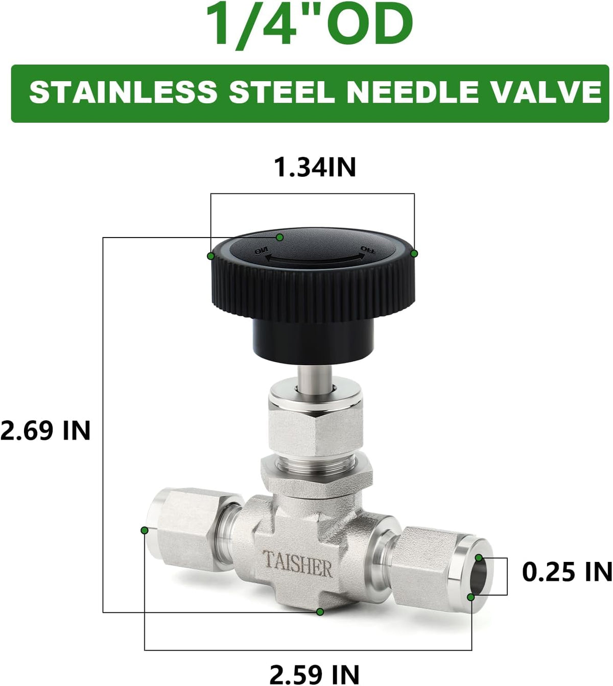 TAISHER 1PCS 316 SS Compression Straight Needle Valve 1/4" OD