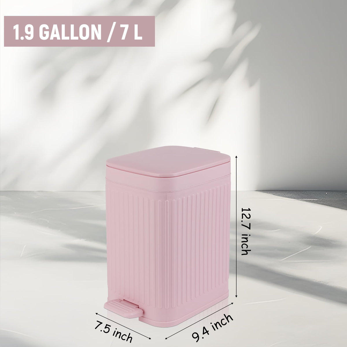 Small Bathroom Trash Can with Lid, 1.9 Gallon Slim Soft Close Step, Pink