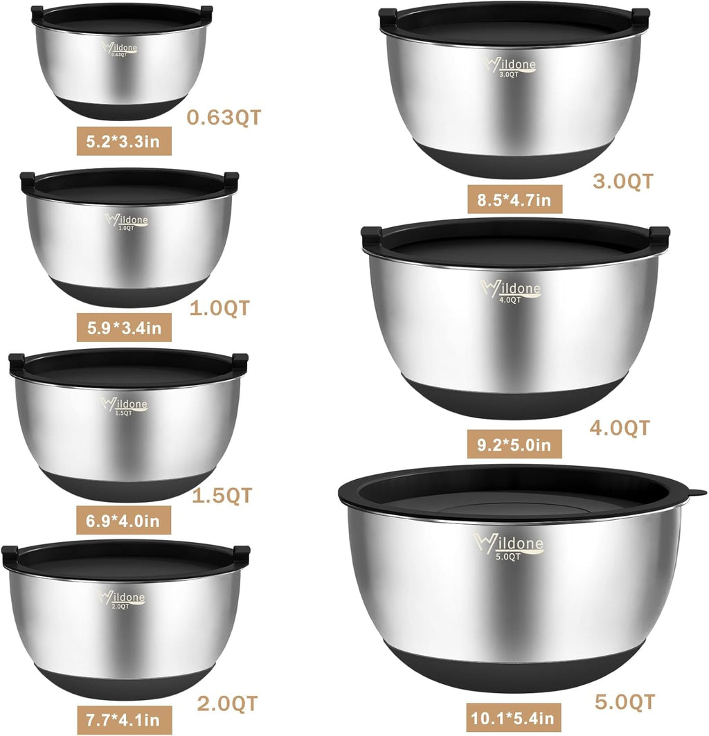 Mixing Bowls with Airtight Lids, 27 PCS Stainless Steel Nesting Bowls, with 3 Grater Attachments, Scale Mark &