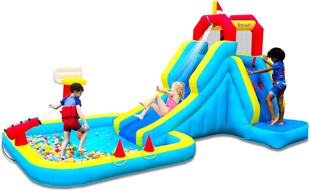 Inflatable Water Slide, Blow Up Water Slide with Climbing Wall, Water Slide for Kids Backyard with Basketball Hoop