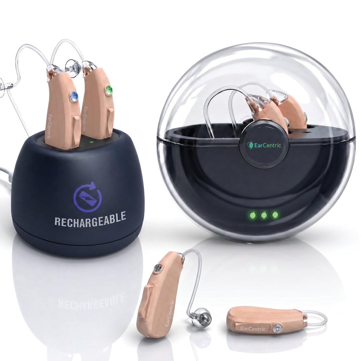 EarCentric EasyCharge Rechargeable Hearing Aids for Seniors and Adults, Pair with Desktop Charger and Portable
