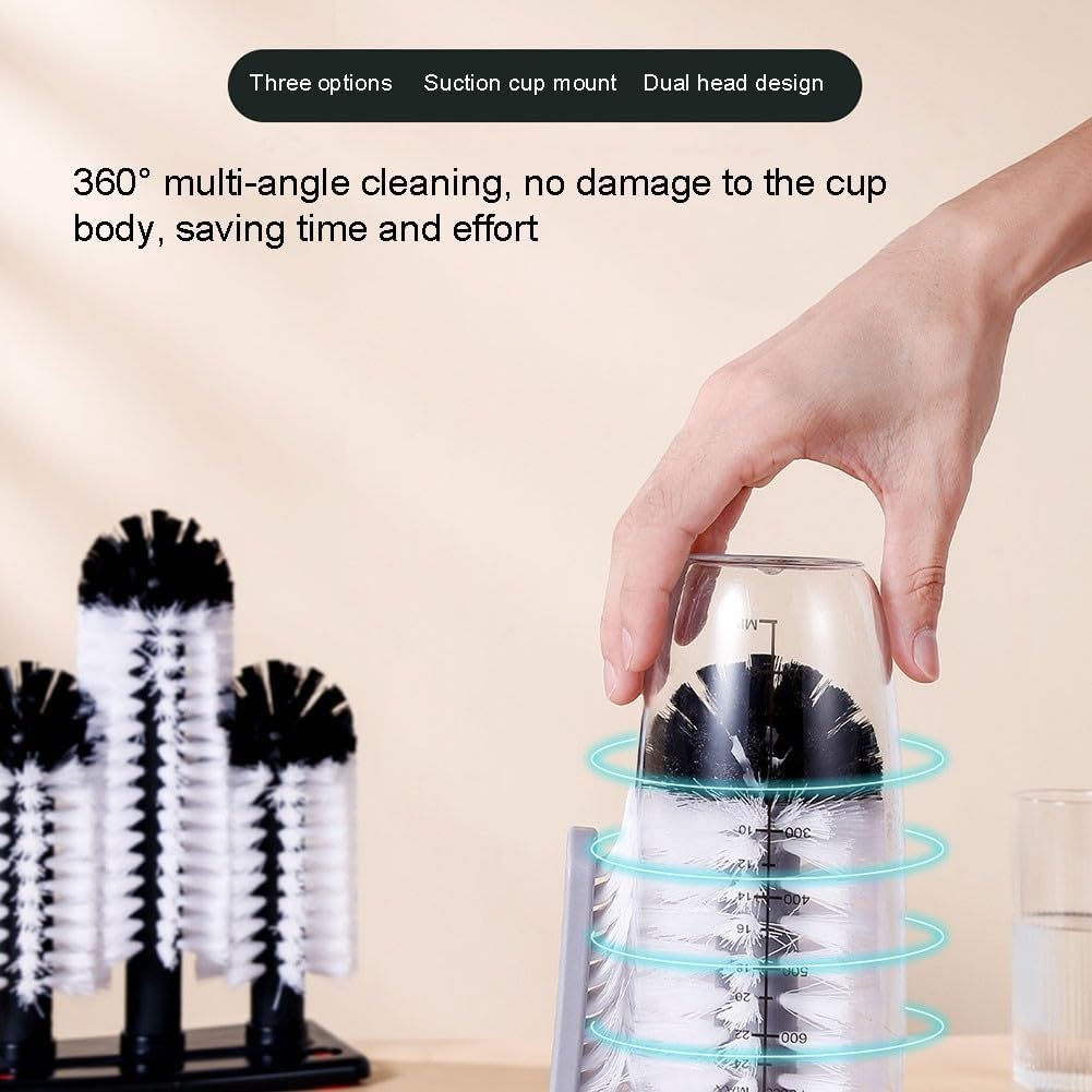 Water Bottle Cleaning for Brush Glass Cup Washer with Suction Base 3 Head, Cleaning Brushes for Glass Cups, Bar for