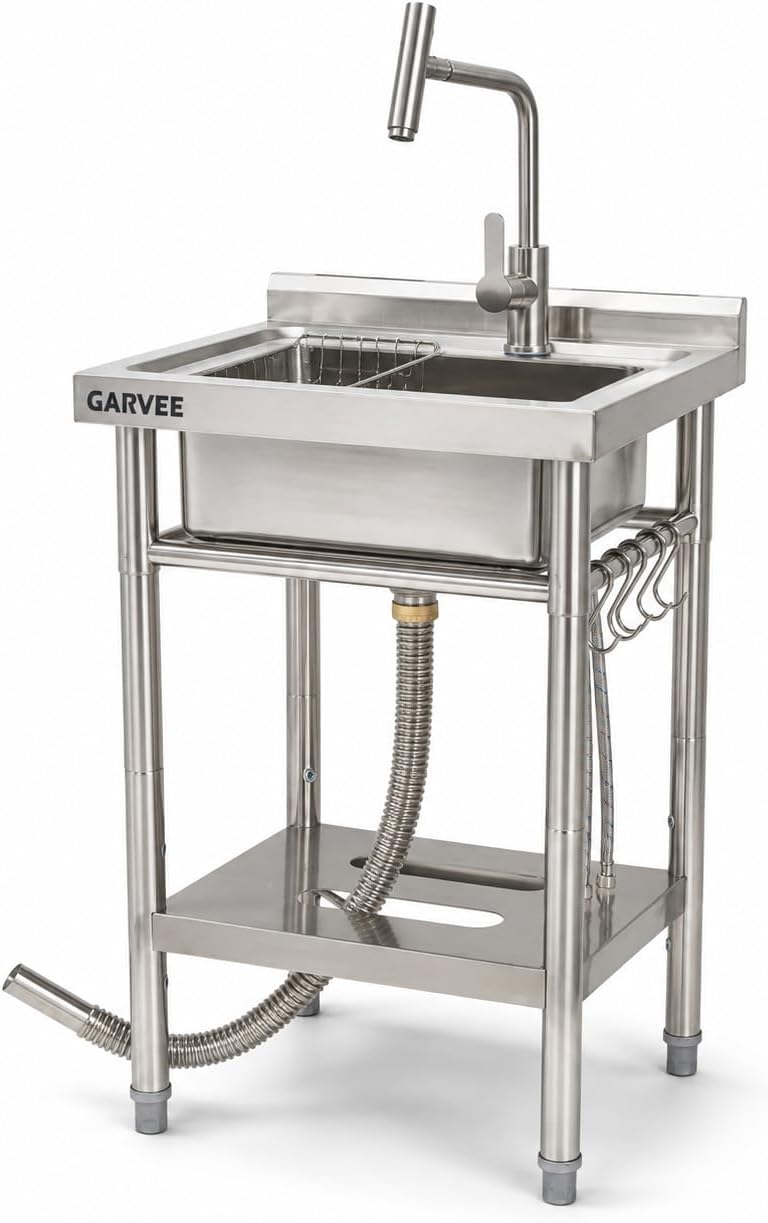 Freestanding Utility Sink 20" x 20" x 35", Stainless Steel Single Bowl Freestanding with T-Shaped Faucet, No Drawer