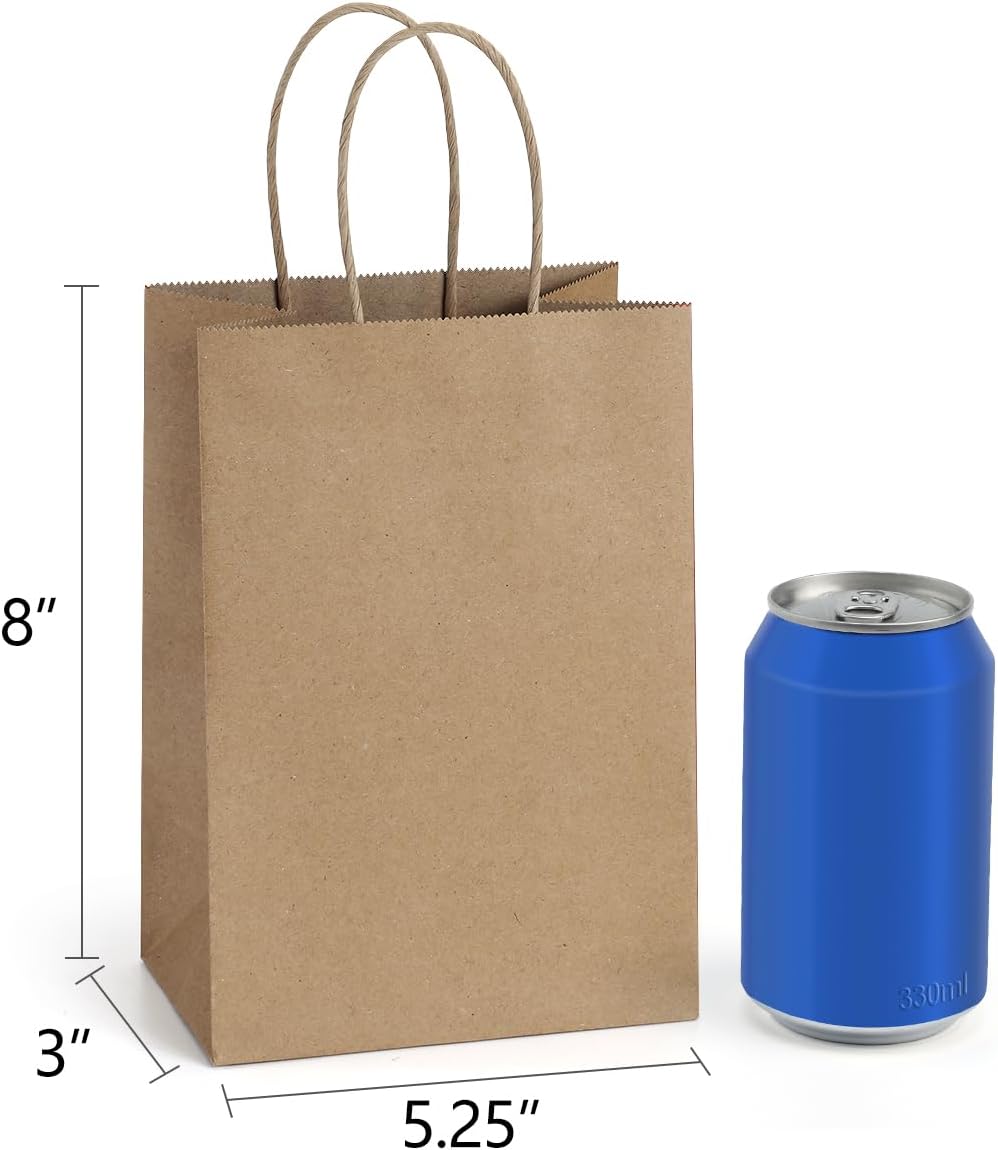 Gift Bags with Handles 5.25x3x8 Inch Small Brown 100 Pack Bulk