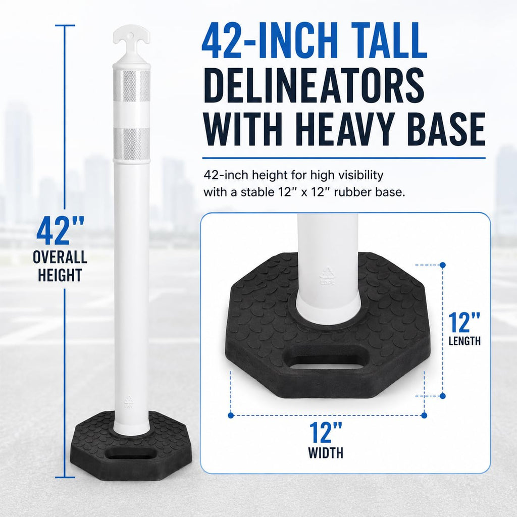 6 Pack 42 Inch White Traffic Cones Delineator Posts with Rubber Base