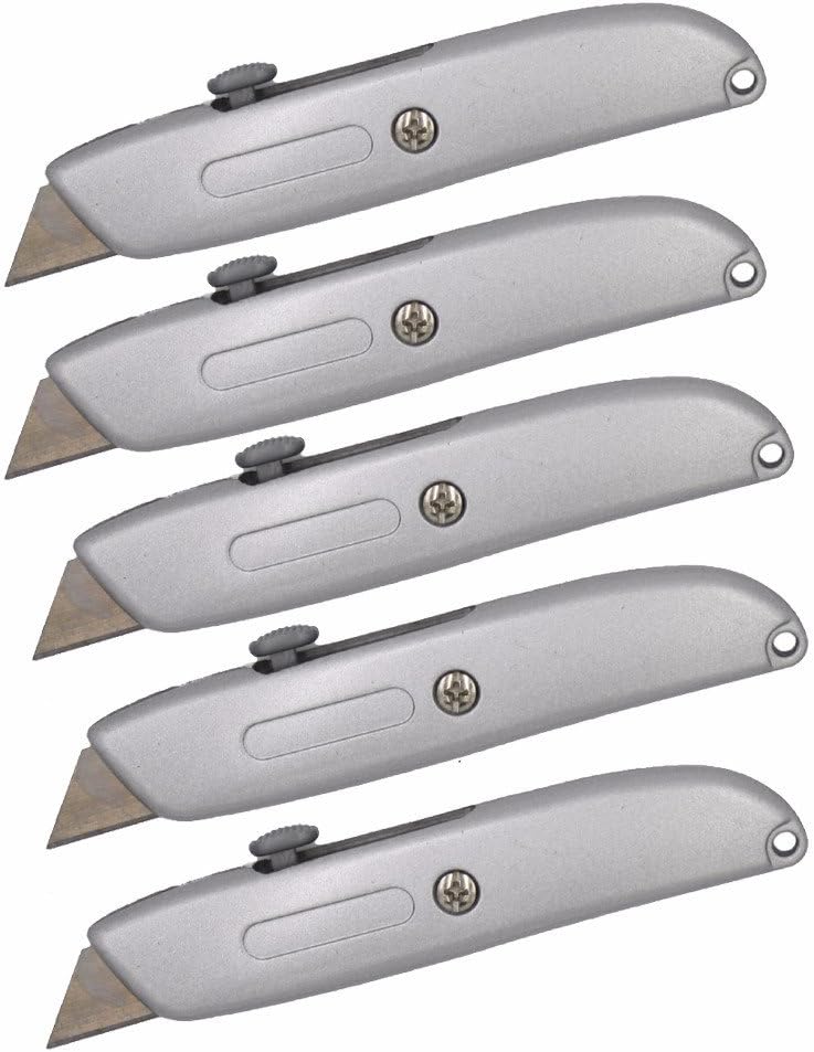 Heavy Duty Box Cutter Retractable Blade Metal Utility Knife (Pack of 5)