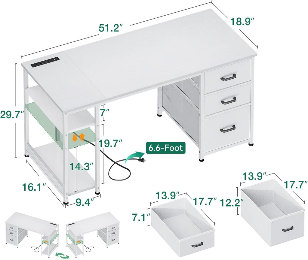 51 Inch Computer Desk with Drawers & USB Power Outlets - Reversible Home Office Desk with Storage Shelves, Work from