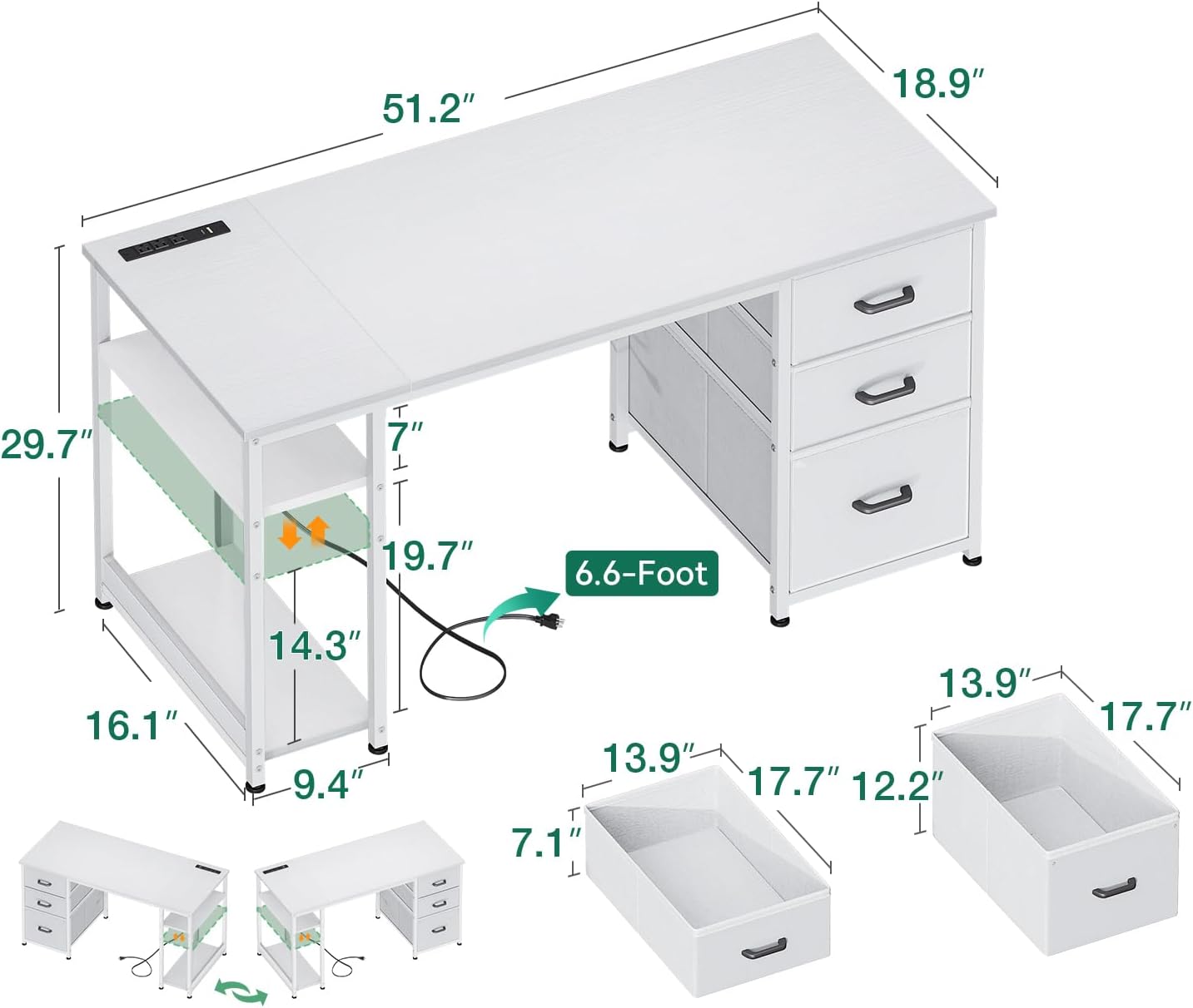 51 Inch Computer Desk with Drawers & USB Power Outlets - Reversible Home Office Desk with Storage Shelves, Work from
