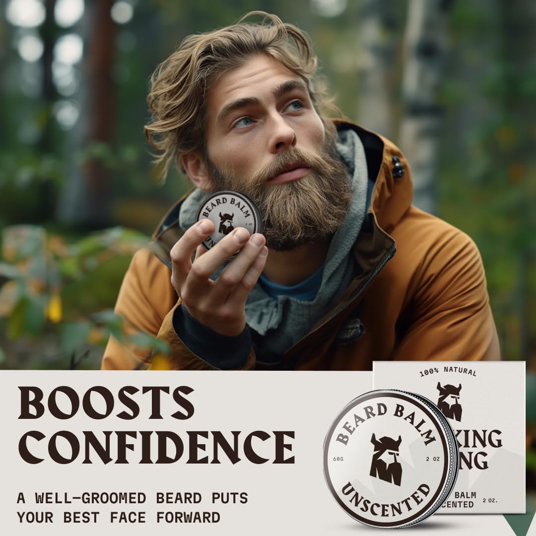 Beard Balm for Men - 2 Oz, Unscented | Moisturizer & Beard Conditioner Styling Balm That Softens & Nourishes Coarse