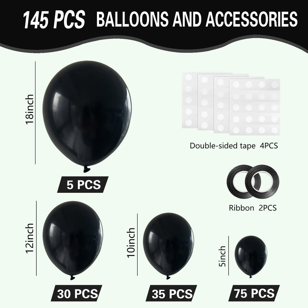 Black Balloons 145pcs Different Sizes 5in 10in 12in 18in Shiny Metallic Black Latex Balloon Arch Kit Garland for