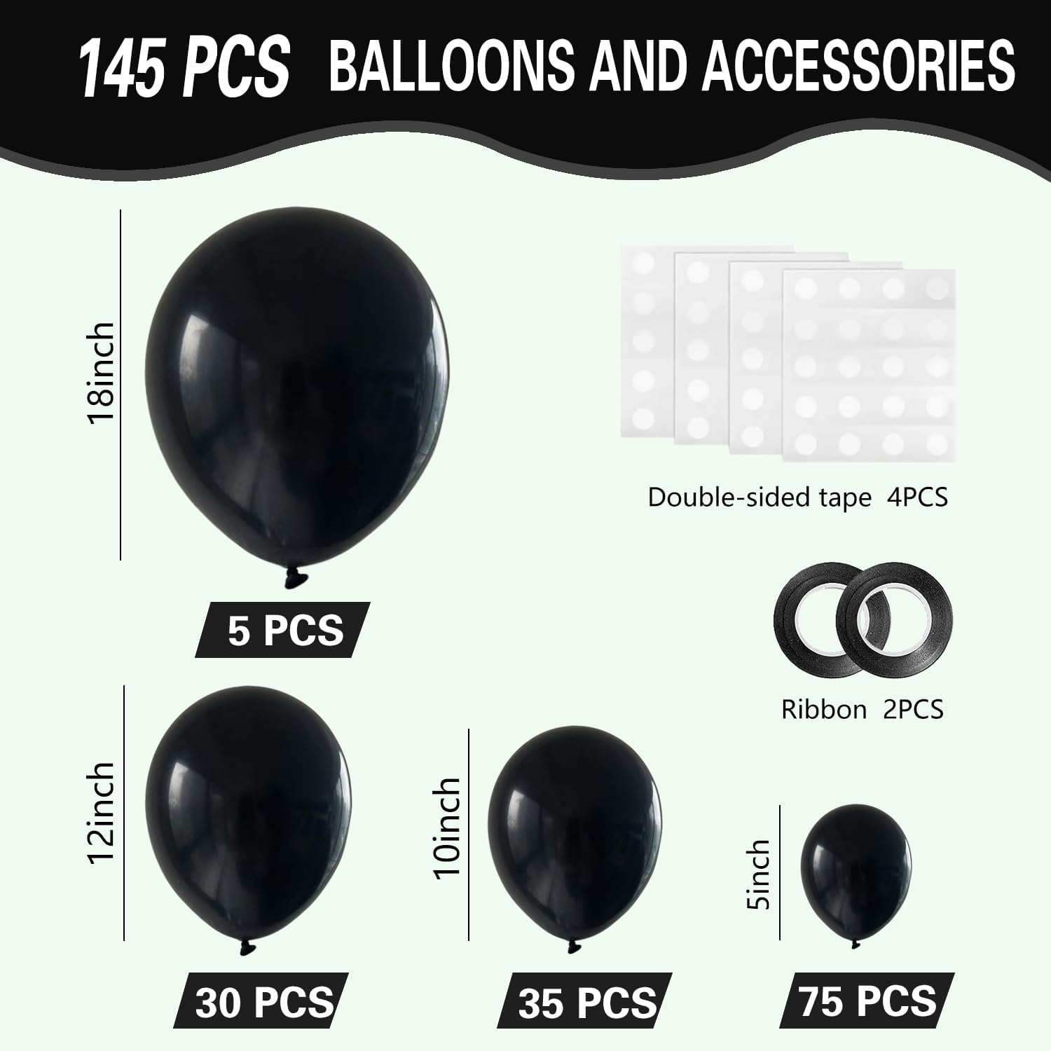Black Balloons 145pcs Different Sizes 5in 10in 12in 18in Shiny Metallic Black Latex Balloon Arch Kit Garland for