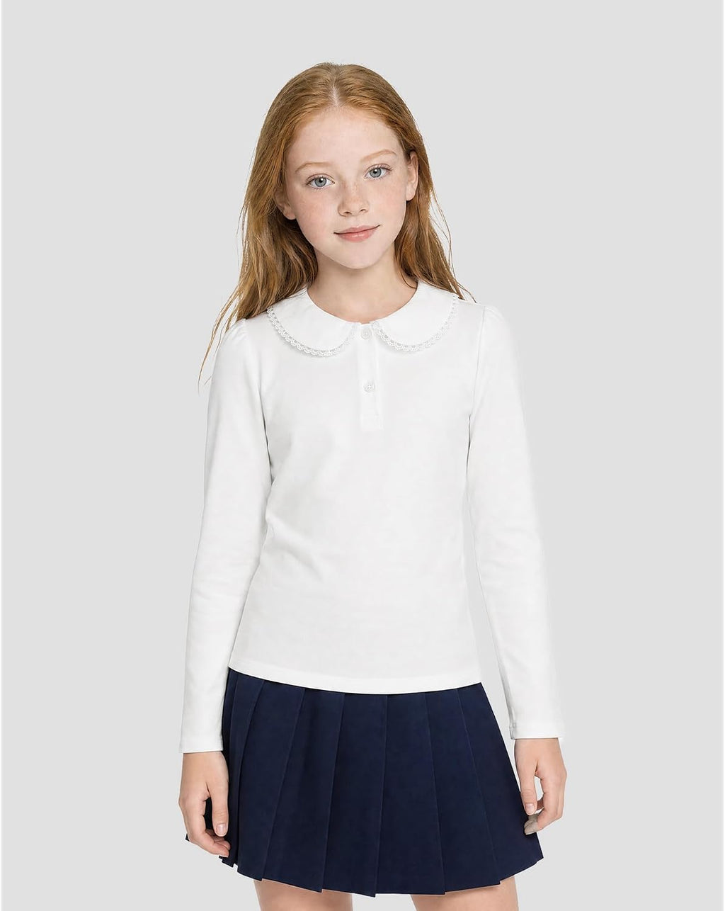 Girls Long Sleeve Polo Shirts School Uniform Peter Pan Collar Tops | Puff Sleeve, Lace Trim, Cotton-Blend, Button