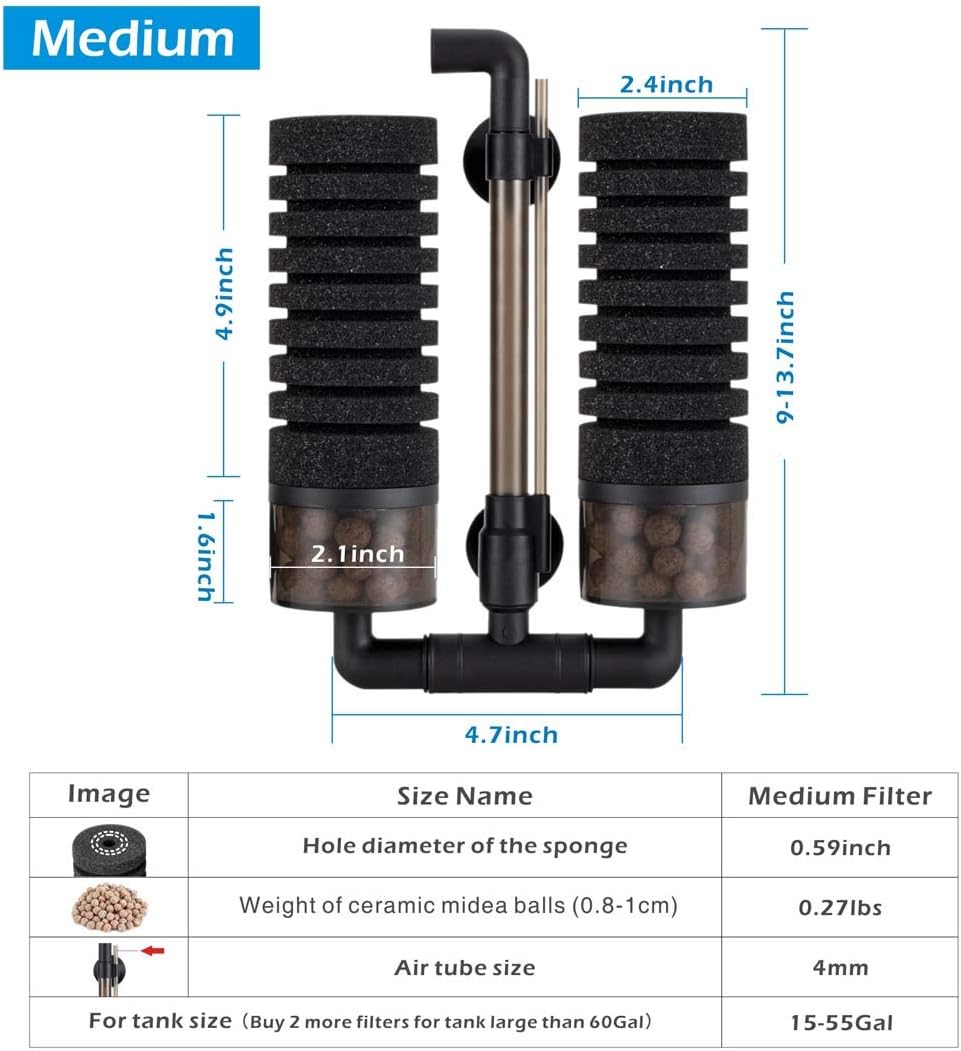 Sponge Filter, Aquarium Filter Double Sponge Replaceable Media with 4 Biochemical Sponges and 1 Bag of Filtered