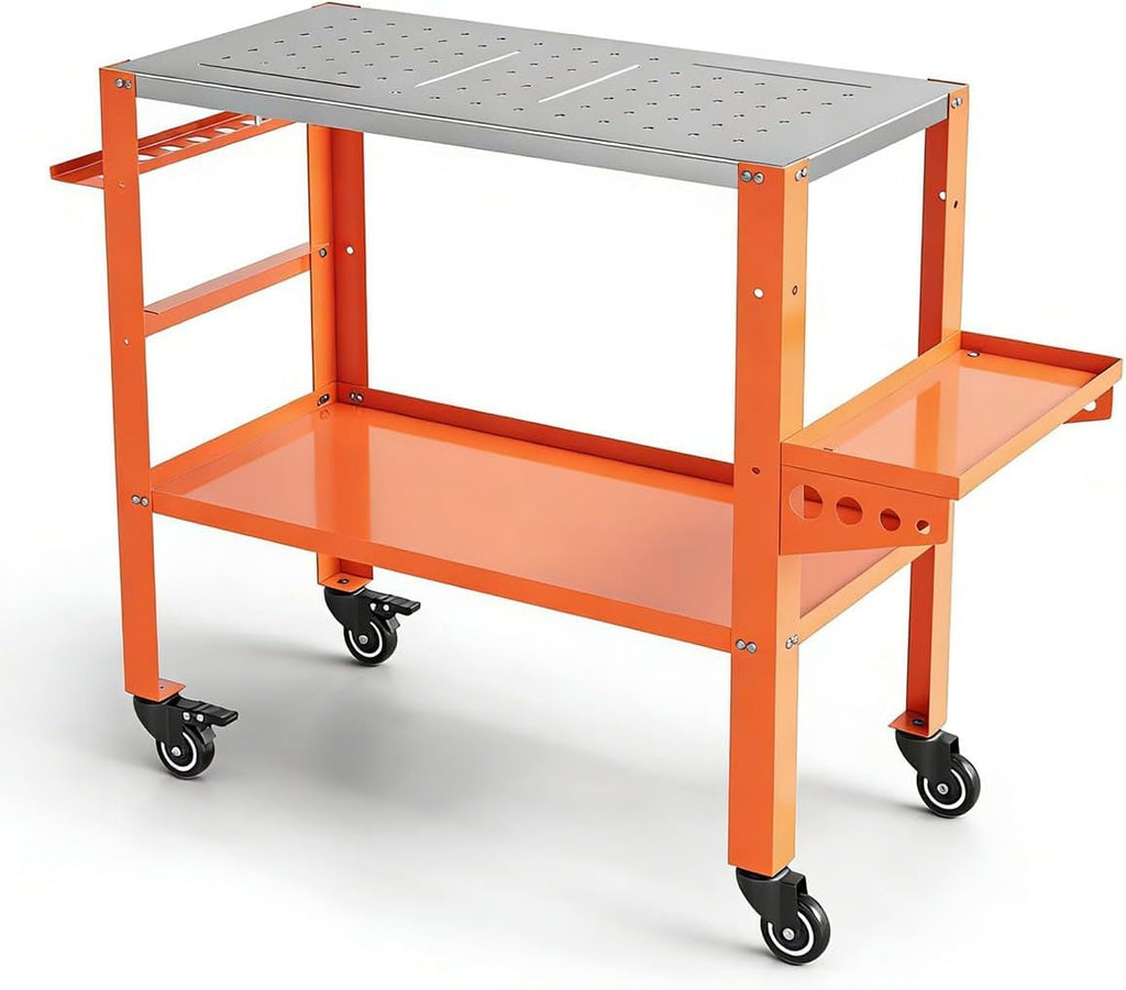36" x 18" Welding Table, 1200 Lbs Capacity Welding Workbench Table Top with Lockable Wheels,Tool Rack & Tray, 4 Tool